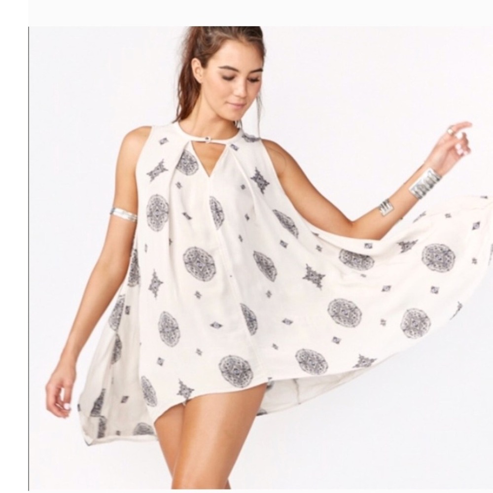 Free People Cream Printed Tie-Neck Tunic